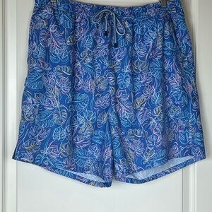Blue Leaf Print Swim Shorts